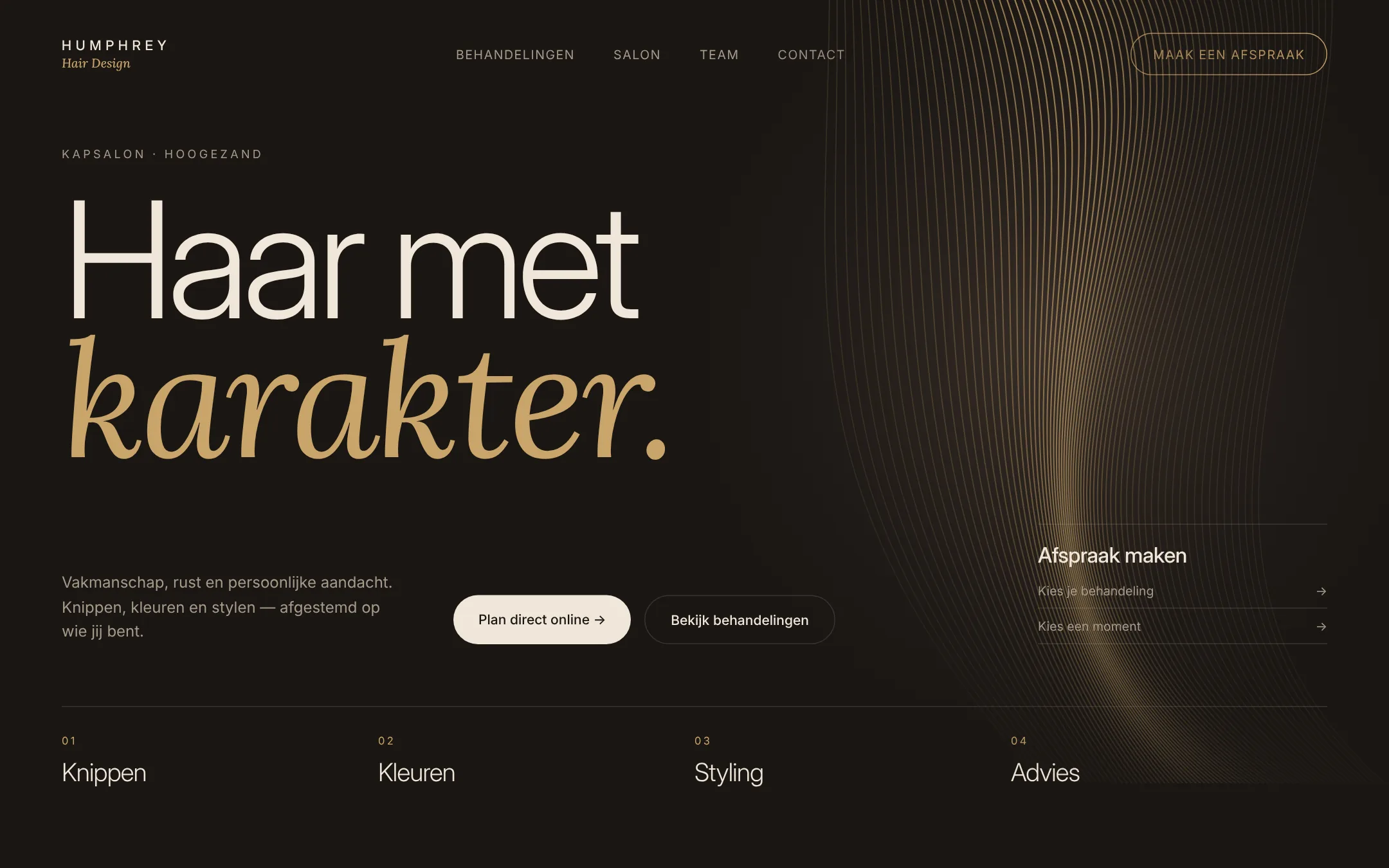 Conceptontwerp van de homepage van Humphrey Hair Design: donkere, warme kleuren met de kop ‘Haar met karakter.’