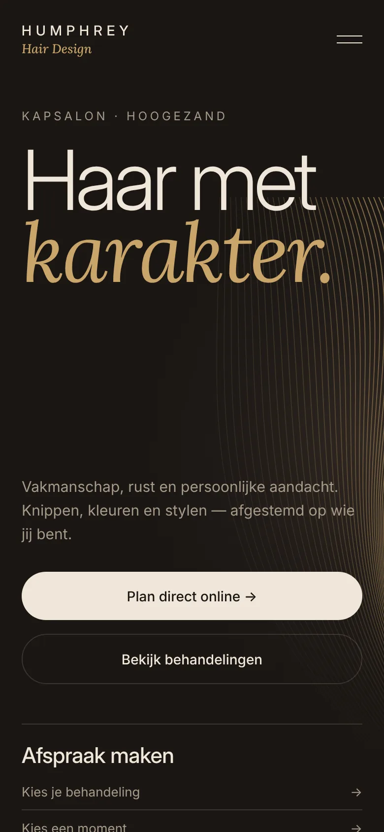 Mobiele versie van het concept voor Humphrey Hair Design met een knop om direct online een afspraak te plannen.